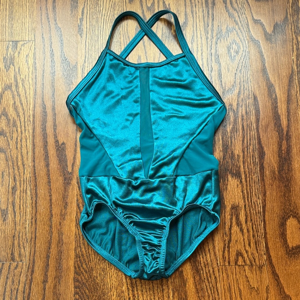 Double Platinum Brand Teal One-Piece Kids Dance Leotard with Cross-Back Straps
